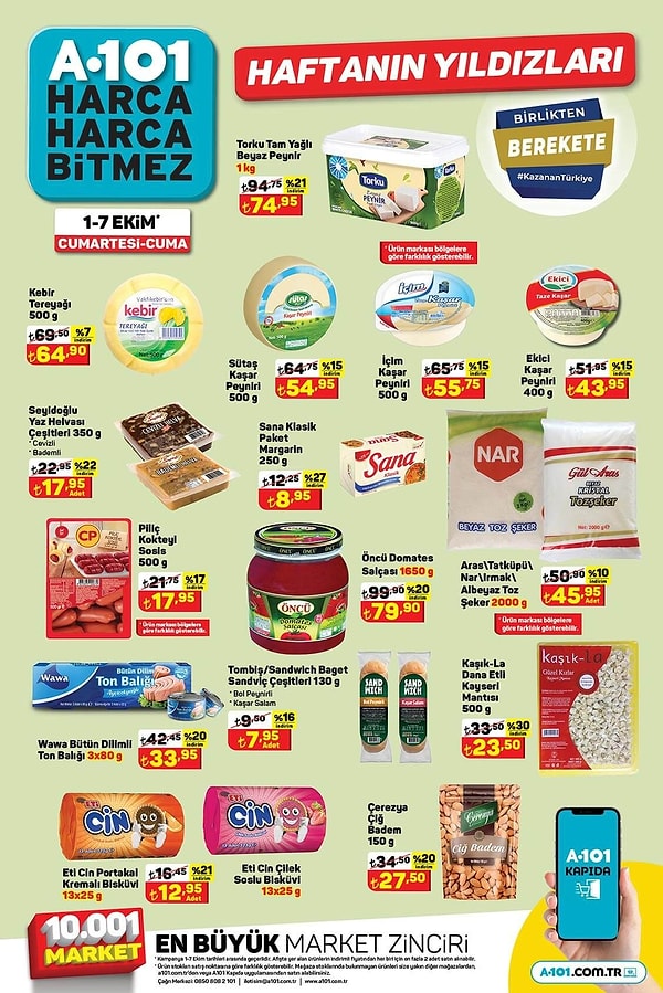 A101 Haftanın Yıldızları'nda bu hafta Torku Tam Yağlı Beyaz Peynir 1 Kg 74,95 TL.