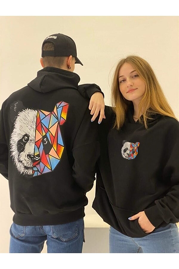 8. Sevgili Çift Kombinleri Panda Tasarım Siyah Kapüşonlu Sweatshirt