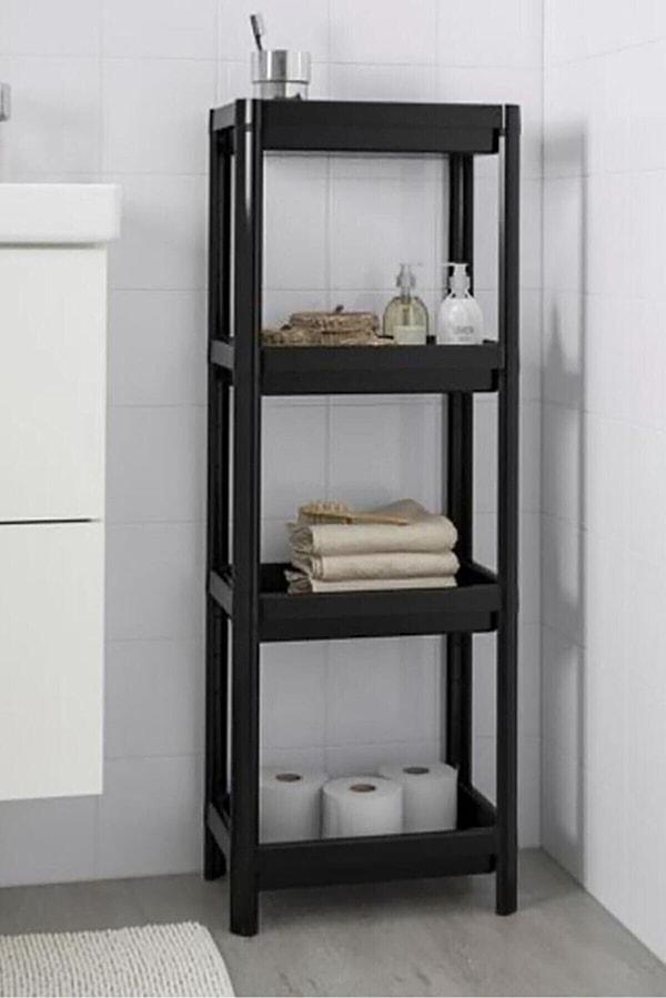 2. Ikea tarzındaki banyo raf ünitesi hem şık hem yer tasarrufu için ideal.