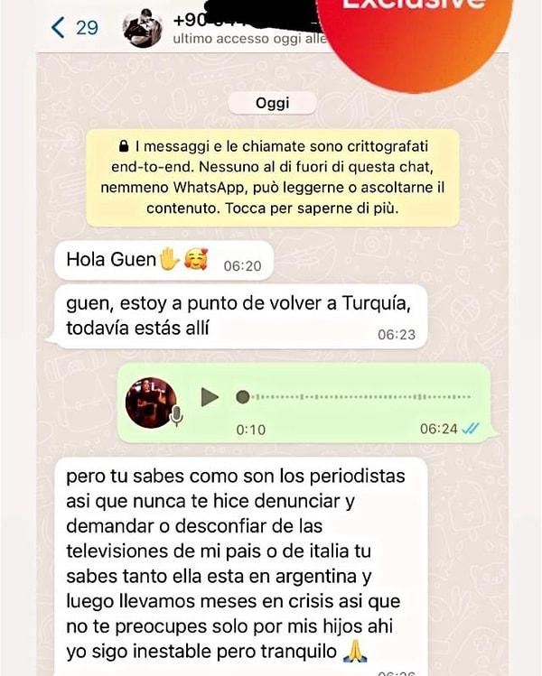 Mauro Icardi ile olan WhatsApp mesajlaşmalarını paylaşan Guendalina Rodríguez, +90'ı görünür bırakıp konuşmaları paylaştı.