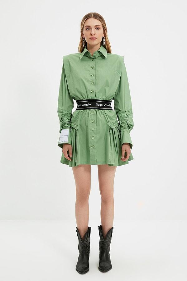 11. X sagaza studio yeşil lastik detaylı poplin elbise.