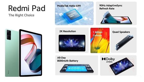 Redmi markasının ilk tableti MediaTek işlemci, 10.6 inç ekran ve 7.1 mm'lik metal gövdeyle geliyor. Redmi Pad'in fiyatı ve özellikleri de şu şekilde: