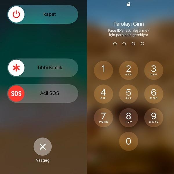 Face ID ve Touch ID'yi hızlı bir şekilde devre dışı bırakmanın bir yolu var. iPhone 8 ve sonraki modellerinde, sağdaki düğmeyi ve ses düğmelerinden herhangi birini aynı anda yaklaşık iki saniye basılı tutun. Sonrasında kapatma ekranını göreceksiniz. Buradan çarpıyla çıkış yaparsanız telefon yeniden şifre girmenizi isteyecektir.