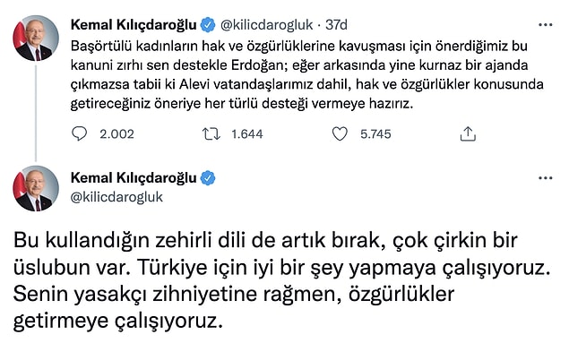 Kılıçdaroğlu ise Twitter hesabından Erdoğan'a seslenerek, "Bu kullandığın zehirli dili de artık bırak, çok çirkin bir üslubun var" çıkışında bulundu.