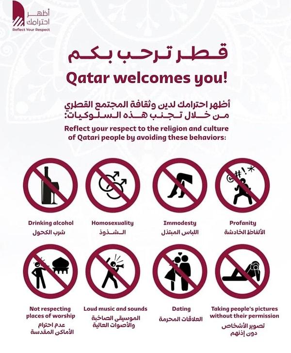 Son günlerde sosyal medyada Katarlı kişilerin hazırladığı iddia edilen bir kural listesi paylaşılıyor. #Reflect_Your_Respect (Saygını Göster) etiketiyle paylaşılan bu listede “Bu davranışları yapmaktan kaçınarak Katar halkının kültürüne ve dinine olan saygınızı gösterin” notu bulunuyor.