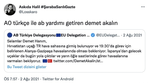 14. Güney illerimizde yaşanan orman yangınlarıyla ilgili AB'den cevap almışlığı var.