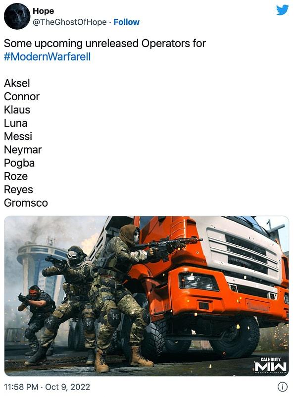 Call of Duty cephesinden yaptığı sızıntılarla bilinen bir hesap ortaya epey dikkat çekici bir iddia attı. Buna göre Neymar ve Messi gibi yıldız futbolcuları CoD: Modern Warfare 2'de görebiliriz!