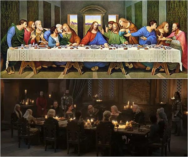 14. 8. bölümdeki en unutulmaz sahnelerden biri de Son Akşam Yemeği tablosundan etkilenen aile yemeğinin düzeniydi.