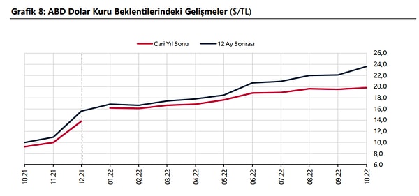 12 ay sonrası döviz kuru beklentisi ise aynı anket dönemlerinde sırasıyla 22,07 TL ve 23,61 TL olarak gerçekleşti.