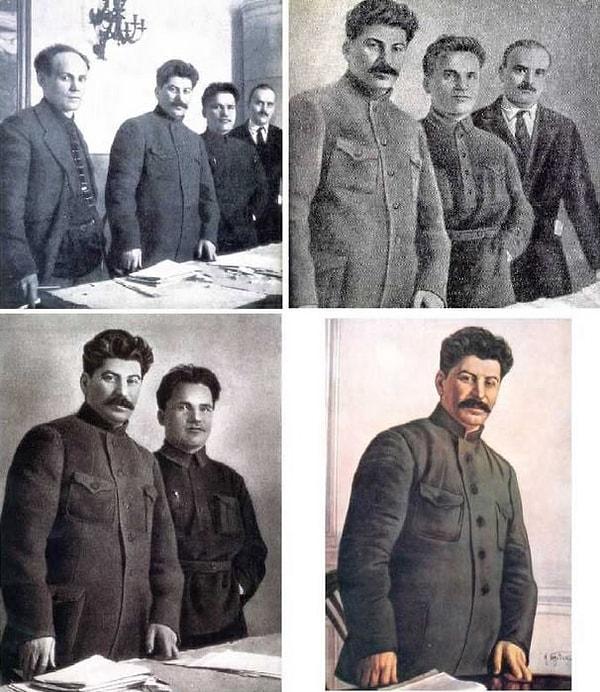Stalin'in siyasi düşmanları listesinin giderek artmasından bu yana bazen bazı fotoğraflara birden fazla rötuş yapıldı.