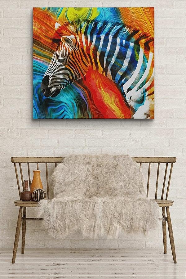 8. Renkli zebra görseli olan yağlı boya görünümlü kanvas tablo, odasına renk katmak isteyenler için.