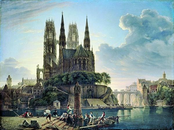 13. 1813: "Gothic Cathedral by a River", Karl Friedrich Schinkel