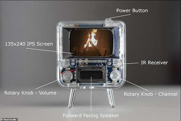 Этот очаровательный телевизор оснащен двумя поворотными ручками, которые регулируют громкость и "переключают каналы" между видео. На фото: TinyTV 2