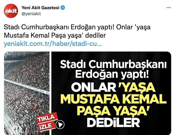 Ancak Akit marştan rahatsız olmuş olacak ki Beşiktaş tribünlerini böyle hedef gösterdi. Stadı Erdoğan'ın yaptığını iddia etti üstüne.