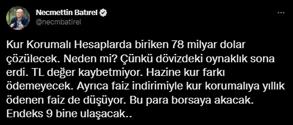 Geçen haftalarda döviz konusunda "dahiyane" arka kapı satış fikrini yıllar önce ortaya atan Necmettin Batırel, KKM'yle ilgili yeni bir öngörü paylaşmıştı.