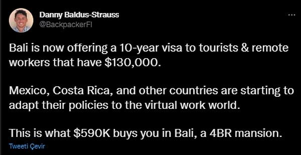 "Meksika, Kosta Rika ve diğer ülkeler de uzaktan çalışma dünyasına uyarlanmaya başlıyor. Bali'deki 4 odalı bu malikane 590 bin dolara alınabiliyor."