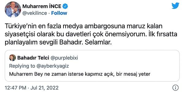 Daha önce Ekrem İmamoğlu'nu da yayınında konuk etmiş olan PurpleBixi temmuz ayında ise İnce'ye çağrı yapmıştı.