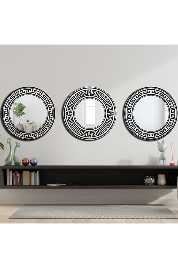 6. 3'lü Set 50'şer Cm Dekoratif Yuvarlak Konsol Antre Hol Banyo Aynası