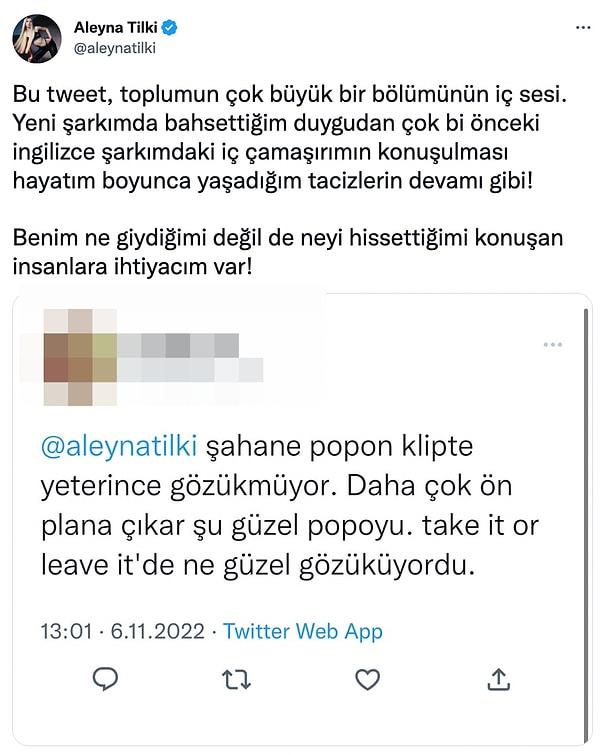 Gelelim konumuza... Aleyna, Twitter üzerinden kendisine gelen "popo" yorumunu paylaşarak tepki gösterdi. "Bu tweet, toplumun çok büyük bir bölümünün iç sesi." diyen Aleyna tepki gösterdi.