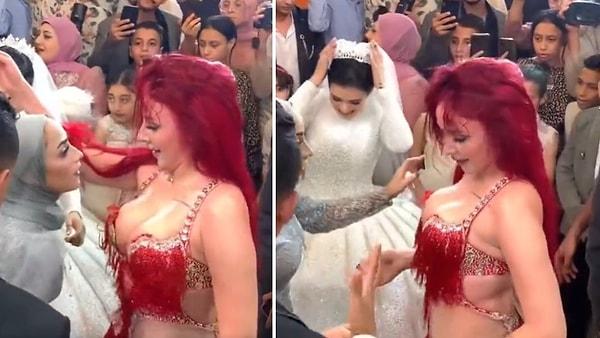 Dansözle karşılıklı dans eden kadının gelini gölgede bıraktığı anlar ise sosyal medyada gündem oldu.