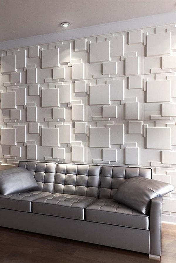 14. Üç boyutlu kabartmalı yüzeyi ile odanıza modern bir hava katacak olan duvar kağıdı kaplaması.