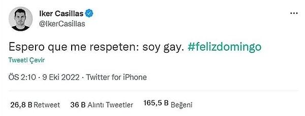 İspanyol kaleci Casillas, 'Umarım bana saygı duyarsınız. Eşcinselim' demişti.