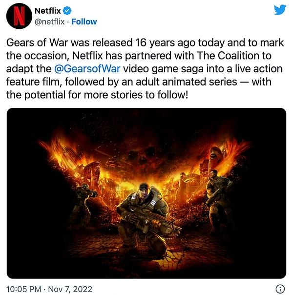 Netflix Gears of War filmi ve animasyon dizisi için kolları sıvadı.