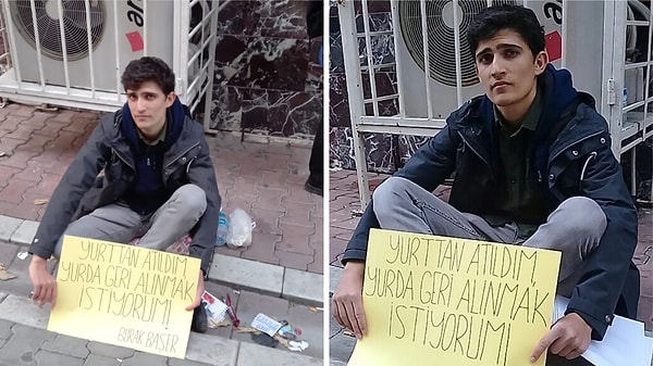 19 yaşındaki Burak Başer, yurdun önünde oturma eylemi başlattı.