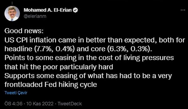 Ünlü ekonomist Mohamed A. El-Erian da, "yoksulları zorlayan yaşam maliyeti baskılarının gevşediğini" söylerken, "önden yüklemeli" Fed faiz artışlarında gevşeme öngördü.