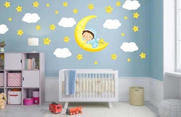 9. Ayda Uyuyan Çocuk, Yıldız ve Bulutlar Duvar Etiketi