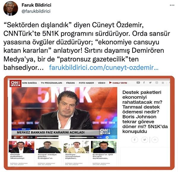 Özdemir'in "Sektörden dışlandık" sözleri için Bildirici, CNN Türk'te sürdürdüğü 5N1K adlı programını örnek göstererek, "Sırtını dayamış Demirören Medya'ya, bir de 'patronsuz gazetecilik'ten bahsediyor..." sözleriyle tepki gösterdi.