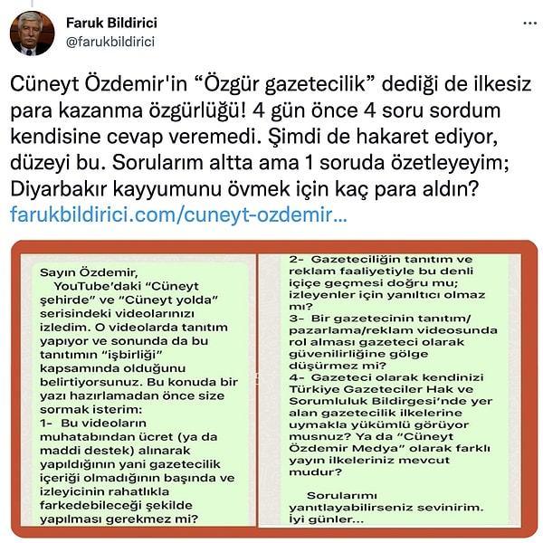 "Cüneyt Özdemir'in “Özgür gazetecilik” dediği de ilkesiz para kazanma özgürlüğü!" diyen Bildirici, Özdemir'e "Diyarbakır kayyumunu övmek için kaç para aldın?" diye sordu.