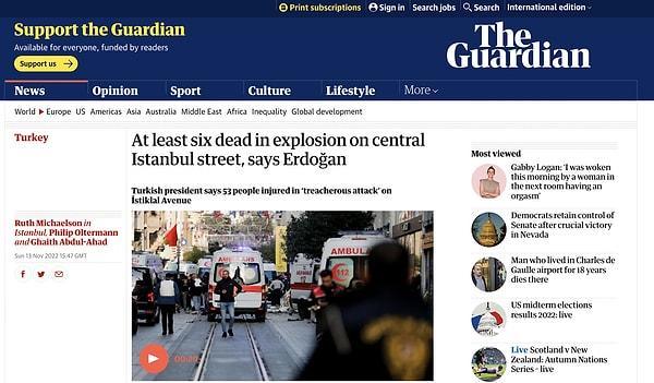 2. The Guardian: "Erdoğan, İstanbul'un merkezindeki caddede meydana gelen patlamada en az altı kişinin öldüğünü açıkladı."