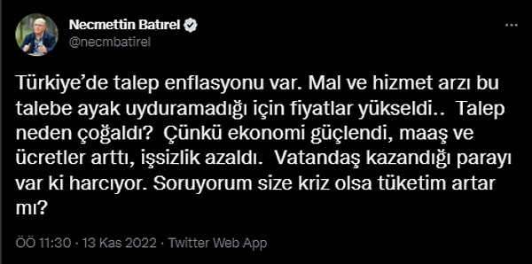 Türkiye'de ana sorun, enflasyonun kurlarla birlikte yükselişe geçerek arz tarafından başlaması ama Batırel öyle düşünmüyor ve şu paylaşımı yapıyor.👇