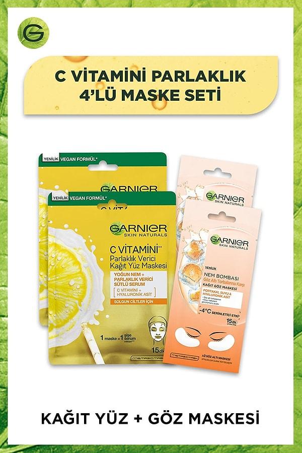 7. Garnier C Vitamini Parlaklık Verici Yüz Maskesi & Göz Altı Torbalarına Karşı Göz Maskesi