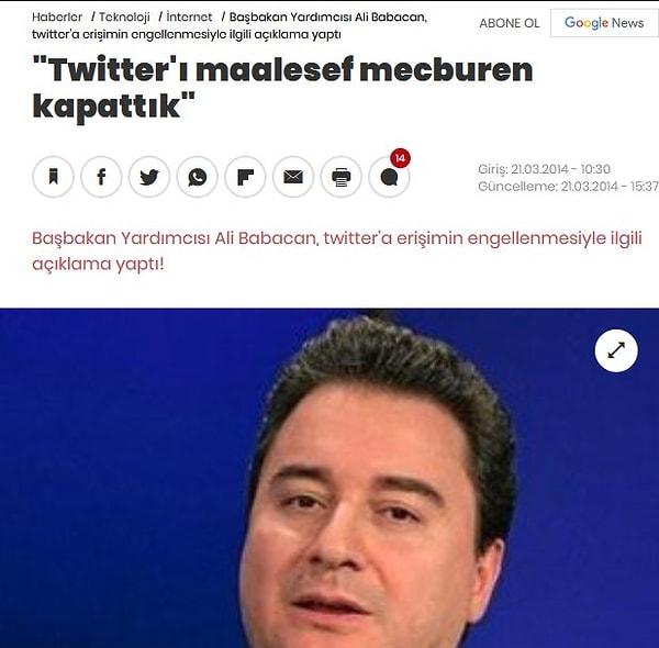 2014 yılında, Uludağ Ekonomi Zirvesi'nde NTV'nin canlı yayınına katılan Ali Babacan, "Twitter'ı maalesef mecburen kapattık." demişti.