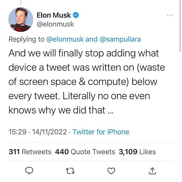 Elon Musk, artık Twitter'da tweetlerin hangi cihazdan gönderildiğinin paylaşılmayacağını söyledi.