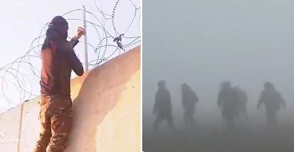 Yayınlanan görüntülerde askeri üniforma giymiş bir kişinin beton duvarın üzerindeki dikenli telleri kestiği anlar görülüyor. İddiaya göre o teller, Türkiye sınırındaki teller.