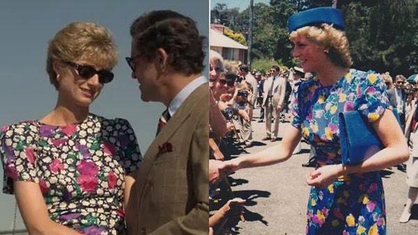 1. Beşinci sezonda Charles ile ikinci balayına gitmeye hazırlanan Prenses Diana'nın çiçekli bir elbise giydiğini görüyoruz.