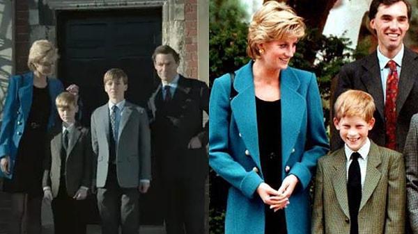 10. Diana'nın Prens William'ın Eton Koleji'ndeki ilk günü için giydiği çarpıcı mavi ceketi ve tamamen siyah elbisesine dizide de yer verildi.