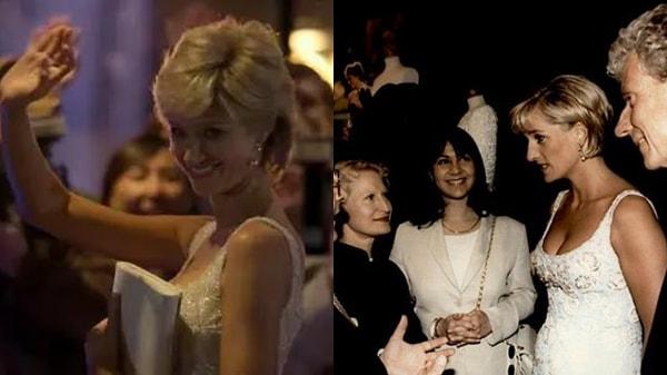 12. Bir sahnede, Diana'nın 1996'da bir yardım yemeğinde giydiğiyle neredeyse aynı görünen payetli bir elbisenin kullanıldığını görüyoruz.