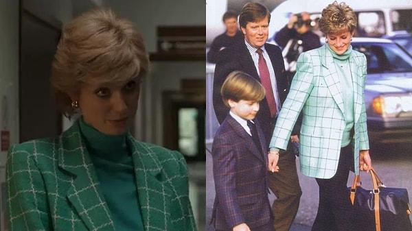 14. Diana'nın 1993'te giydiği yeşil balıkçı yaka kazak ve blazer kombinine de dizide yer verilmiş.