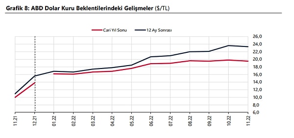 Katılımcıların cari yıl sonu döviz kuru (ABD Doları/TL) beklentisi bir önceki anket döneminde 19,82 TL iken, bu anket döneminde 19,54 TL oldu.