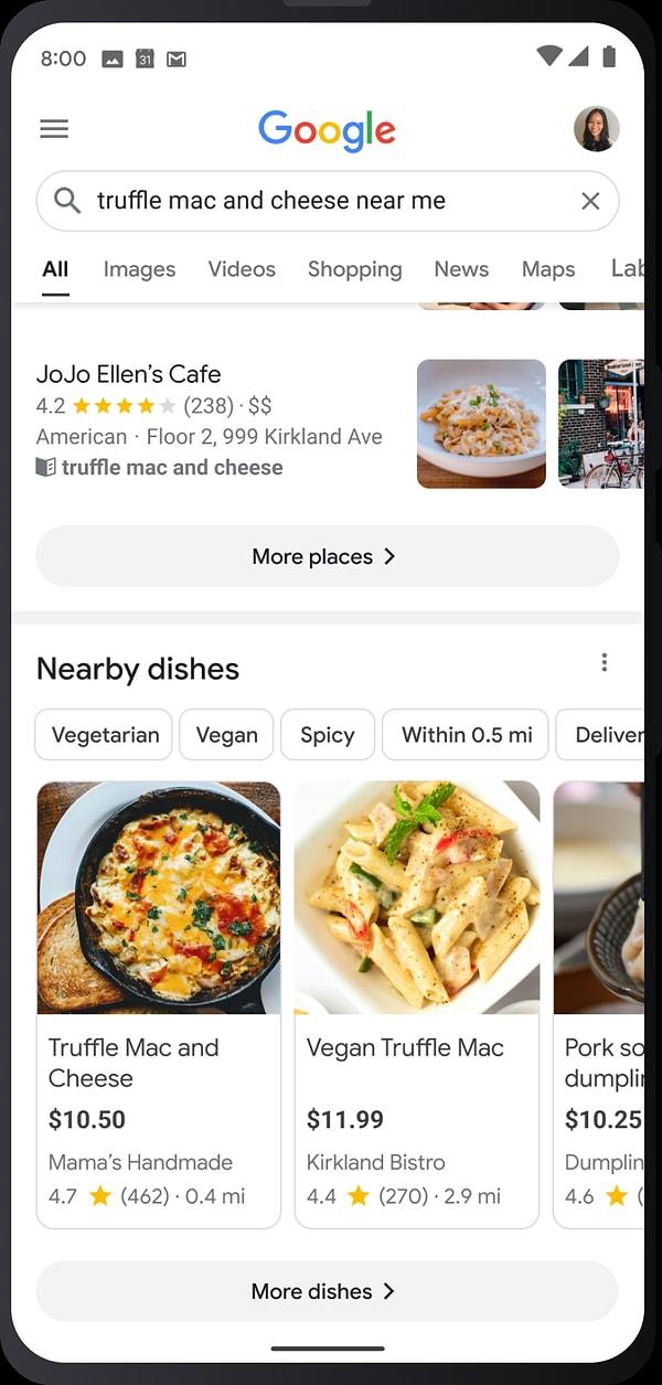 Google'ın yiyecek arama özelliği Android ve iOS uygulamalarında kullanılabiliyor.