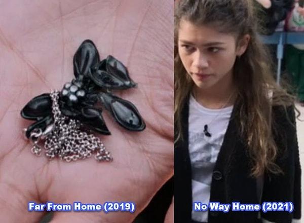 7. Spider-Man: No Way Home (2021) filminde MJ karakteri, Peter'ın Far From Home (2019) filminin sonunda verdiği siyah dahlia kolyesini takıyor.