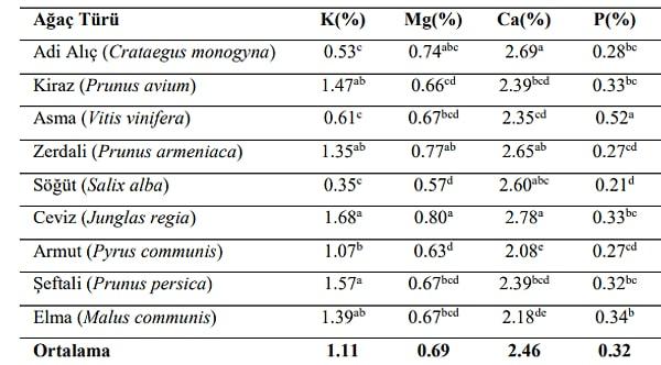 K: Potasyum, Mg: Magnezyum, Ca: Kalsiyum, P: Fosfor