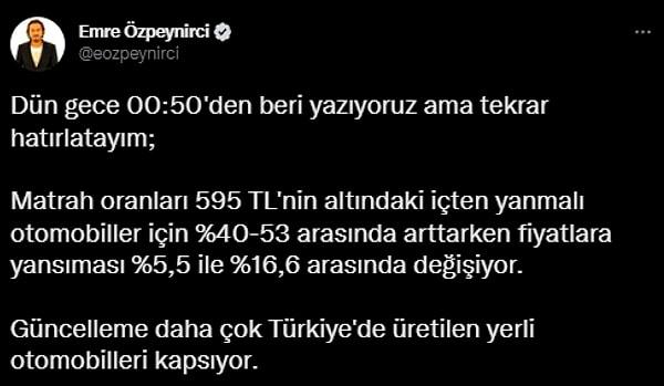 Otomobil habercisi Emre Özpeynirci, indirim oranları için şu paylaşımı yaparken👇