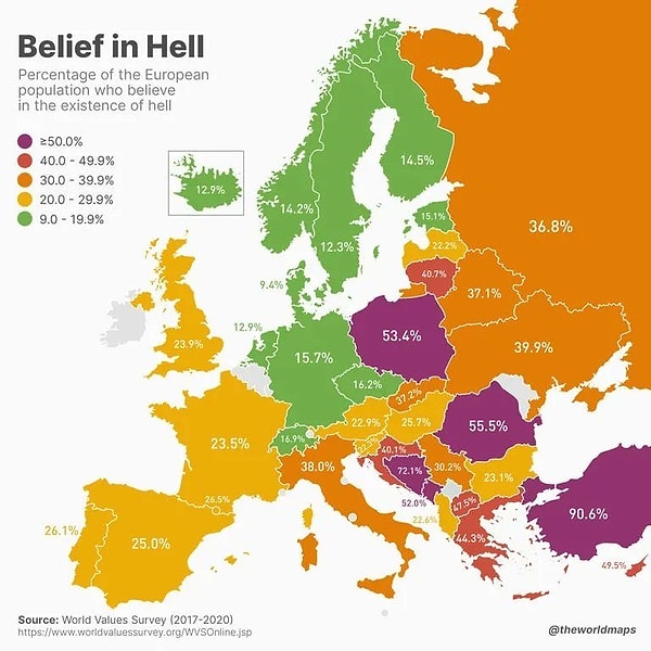 Yüzde 9,4 ile Danimarka en az cehenneme inanan ülke olarak son sırada yer aldı.