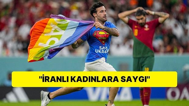 Portekiz-Uruguay Maçında LGBTİ+ Bayrağıyla Sahaya Giren Taraftar Ukrayna ve İranlı Kadınlar İçin Dikkat Çekti