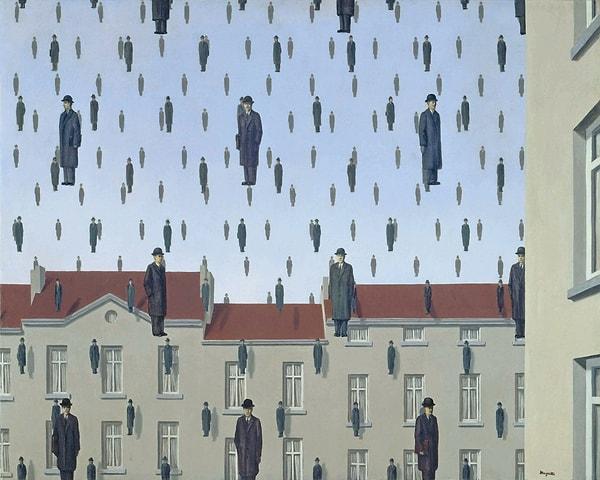 Magritte'in eserlerinin başlığı da yanıltıcı olabiliyordu: Mesela "Golconde" (1953) tablosu.